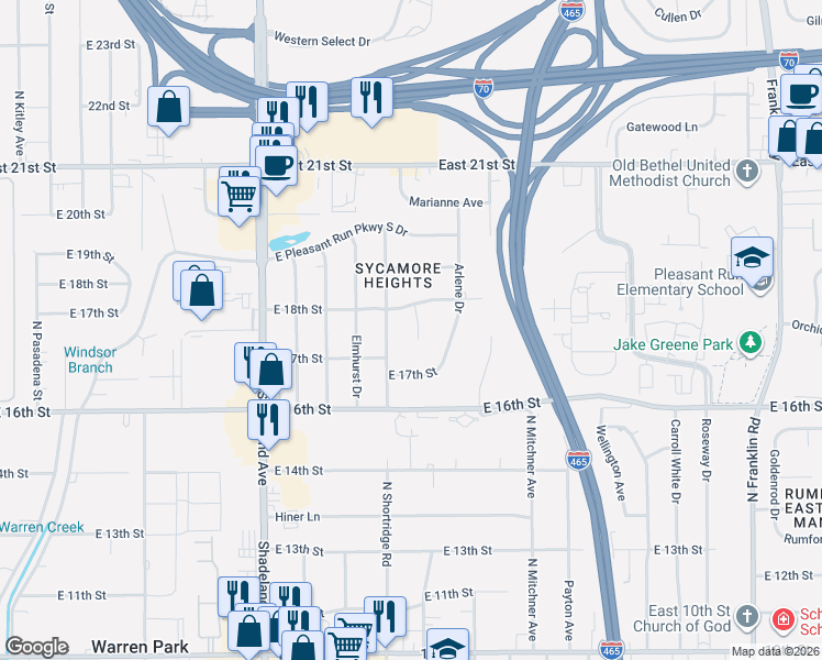 map of restaurants, bars, coffee shops, grocery stores, and more near 7217 East 18th Street in Indianapolis