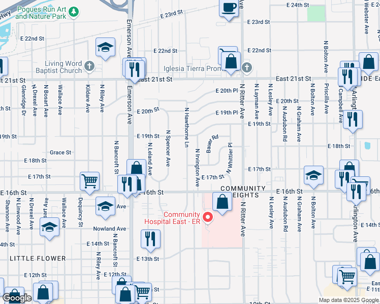 map of restaurants, bars, coffee shops, grocery stores, and more near 1850 North Hawthorne Lane in Indianapolis
