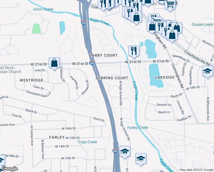 map of restaurants, bars, coffee shops, grocery stores, and more near 1919 Parsons Drive in Indianapolis