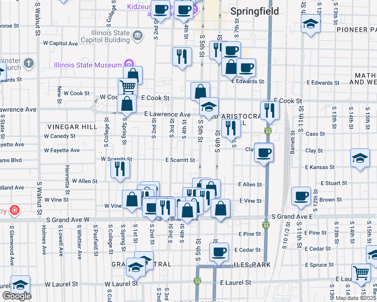 map of restaurants, bars, coffee shops, grocery stores, and more near 912 South 4th Street in Springfield