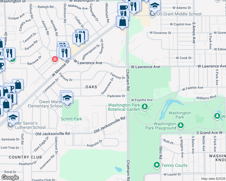 map of restaurants, bars, coffee shops, grocery stores, and more near 2-14 Greenview Court in Springfield