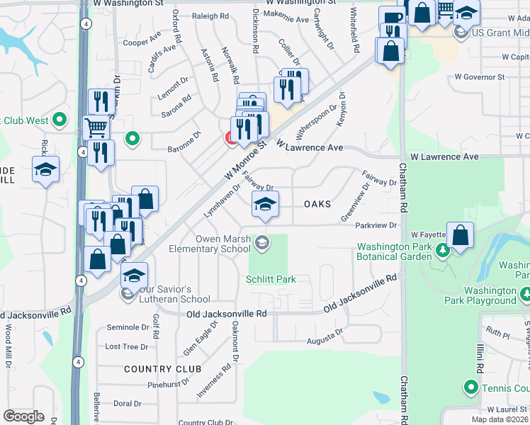 map of restaurants, bars, coffee shops, grocery stores, and more near 2301 Westview Drive in Springfield