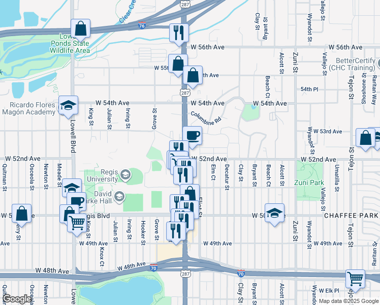 map of restaurants, bars, coffee shops, grocery stores, and more near 5201 Regis Road in Denver