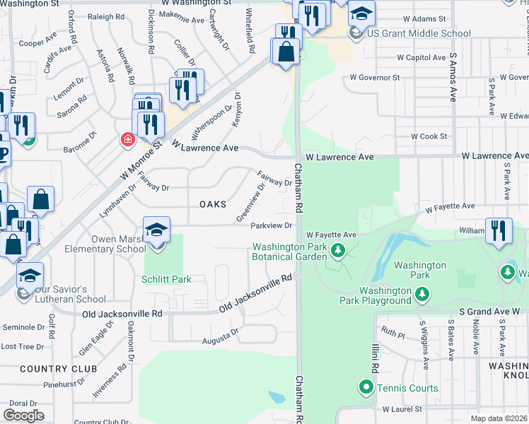 map of restaurants, bars, coffee shops, grocery stores, and more near 2-14 Greenview Court in Springfield