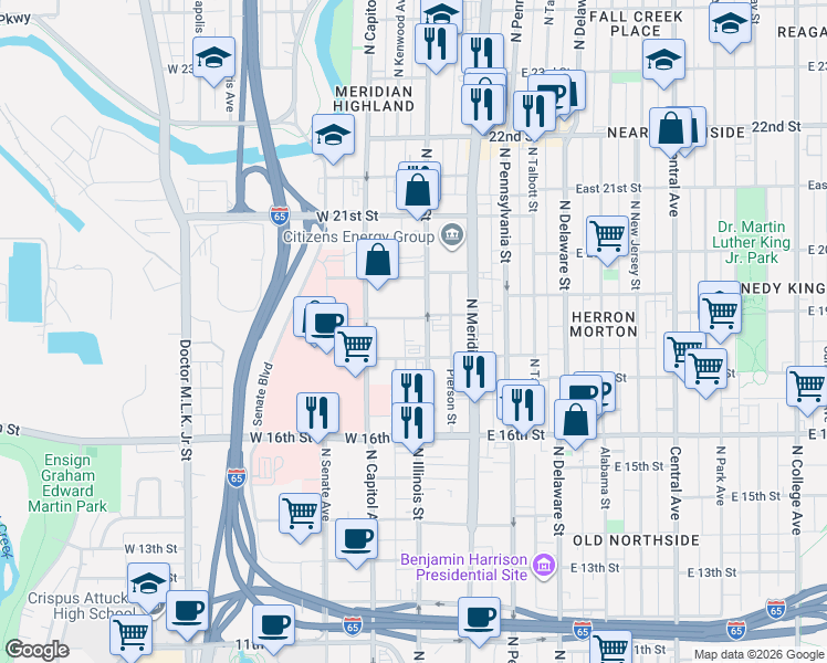 map of restaurants, bars, coffee shops, grocery stores, and more near 1828 North Illinois Street in Indianapolis