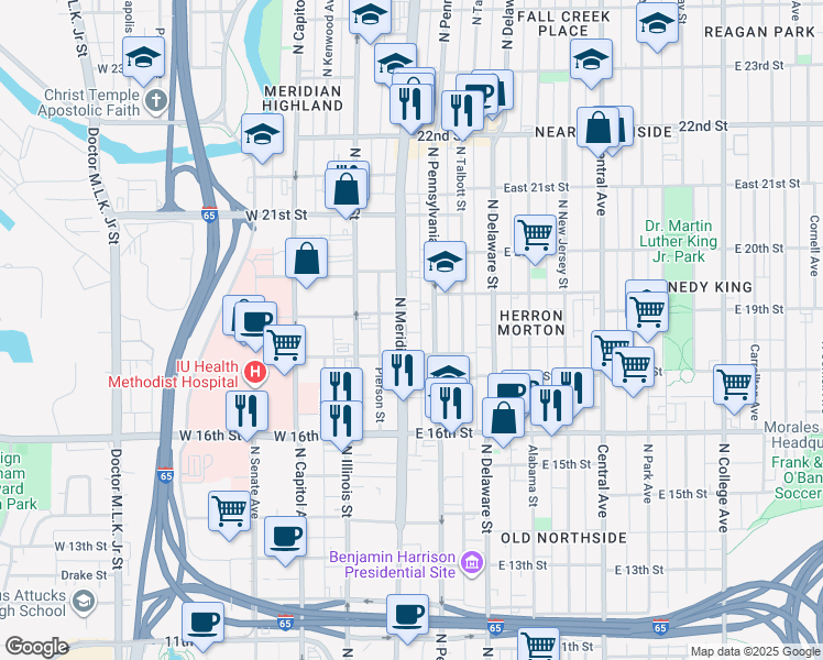 map of restaurants, bars, coffee shops, grocery stores, and more near 1827 North Meridian Street in Indianapolis
