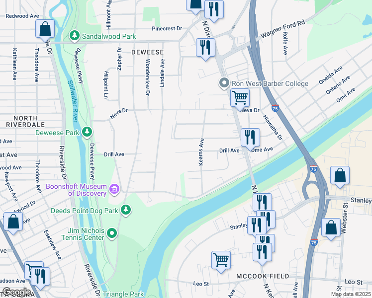 map of restaurants, bars, coffee shops, grocery stores, and more near 1929 Drill Avenue in Dayton