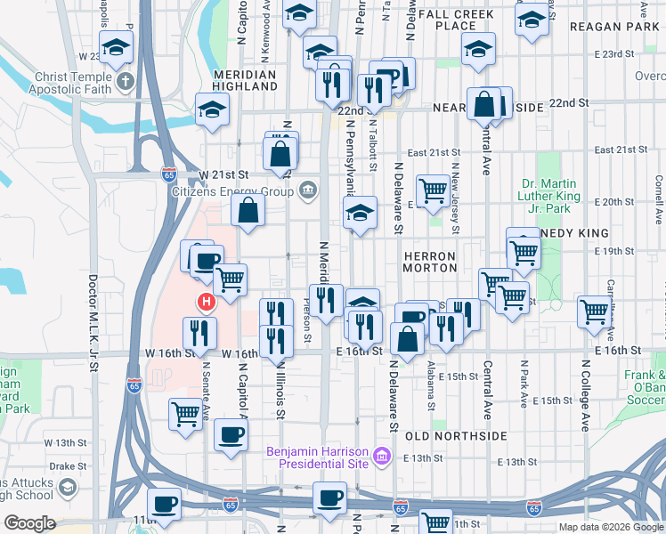 map of restaurants, bars, coffee shops, grocery stores, and more near 1843 North Meridian Street in Indianapolis
