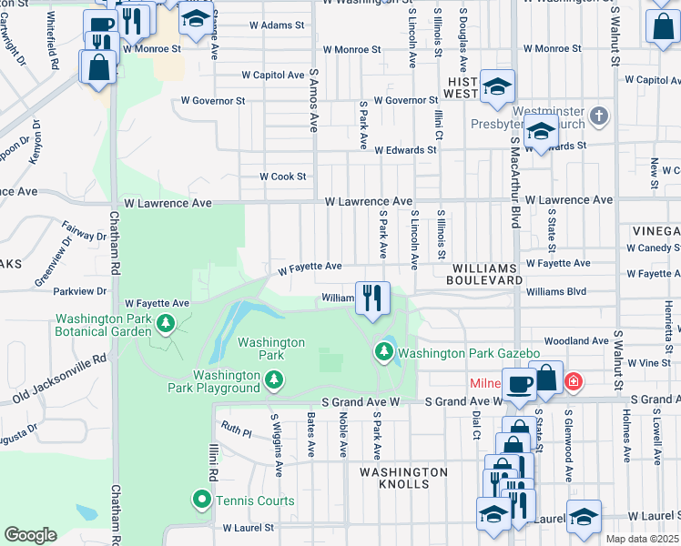 map of restaurants, bars, coffee shops, grocery stores, and more near 1404 West Fayette Avenue in Springfield