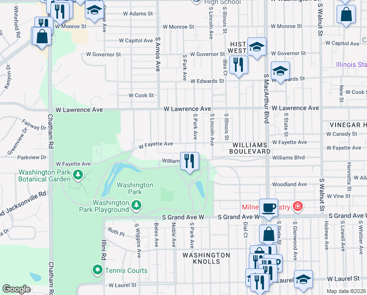 map of restaurants, bars, coffee shops, grocery stores, and more near 1332 West Fayette Avenue in Springfield