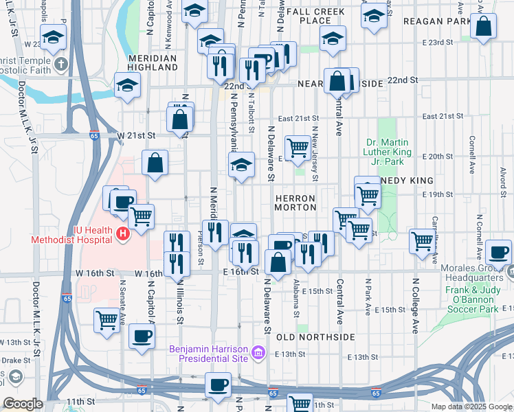 map of restaurants, bars, coffee shops, grocery stores, and more near 1836 North Delaware Street in Indianapolis