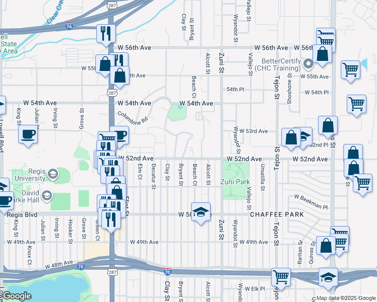 map of restaurants, bars, coffee shops, grocery stores, and more near 5277 Columbine Lane in Denver