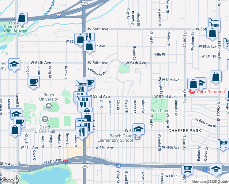 map of restaurants, bars, coffee shops, grocery stores, and more near 2777 West Parkside Place in Denver