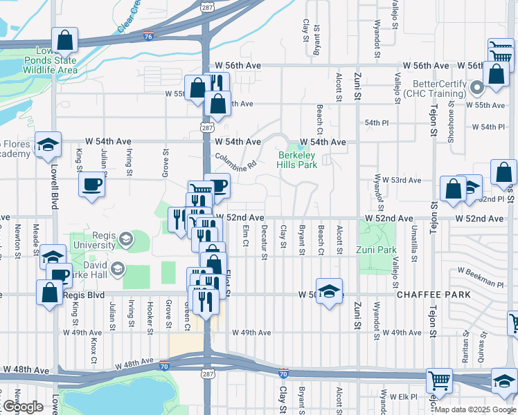 map of restaurants, bars, coffee shops, grocery stores, and more near 2835 West Parkside Place in Denver