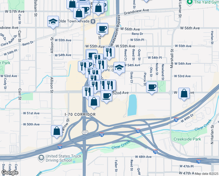 map of restaurants, bars, coffee shops, grocery stores, and more near 5200-5290 Vance St in Arvada
