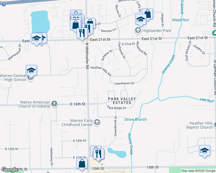 map of restaurants, bars, coffee shops, grocery stores, and more near 10130 Lawnhaven Court in Indianapolis