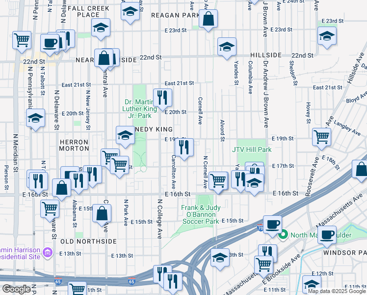 map of restaurants, bars, coffee shops, grocery stores, and more near 1831 Bellefontaine Street in Indianapolis