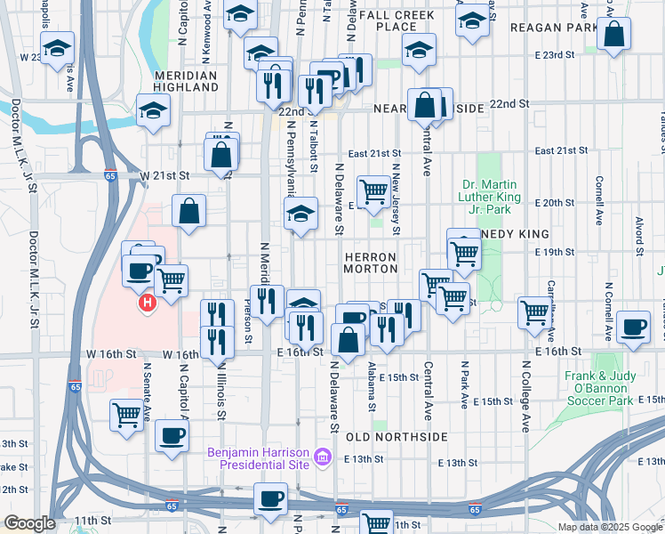 map of restaurants, bars, coffee shops, grocery stores, and more near 1836 North Delaware Street in Indianapolis