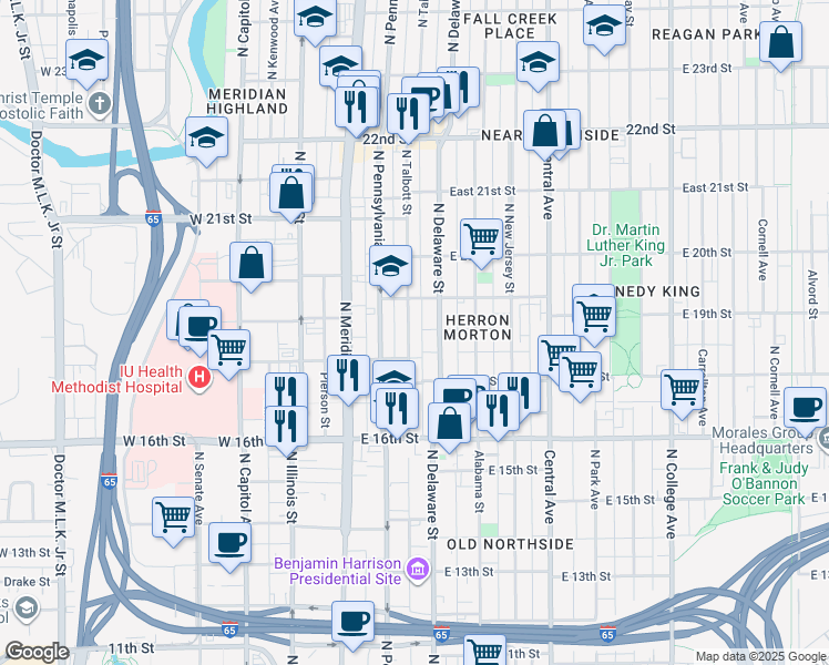 map of restaurants, bars, coffee shops, grocery stores, and more near 1836 North Delaware Street in Indianapolis