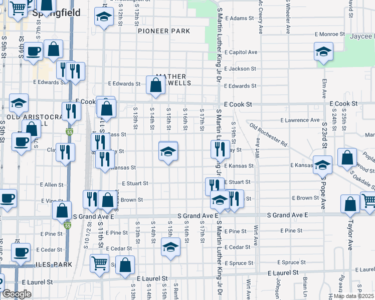 map of restaurants, bars, coffee shops, grocery stores, and more near 921 South 16th Street in Springfield