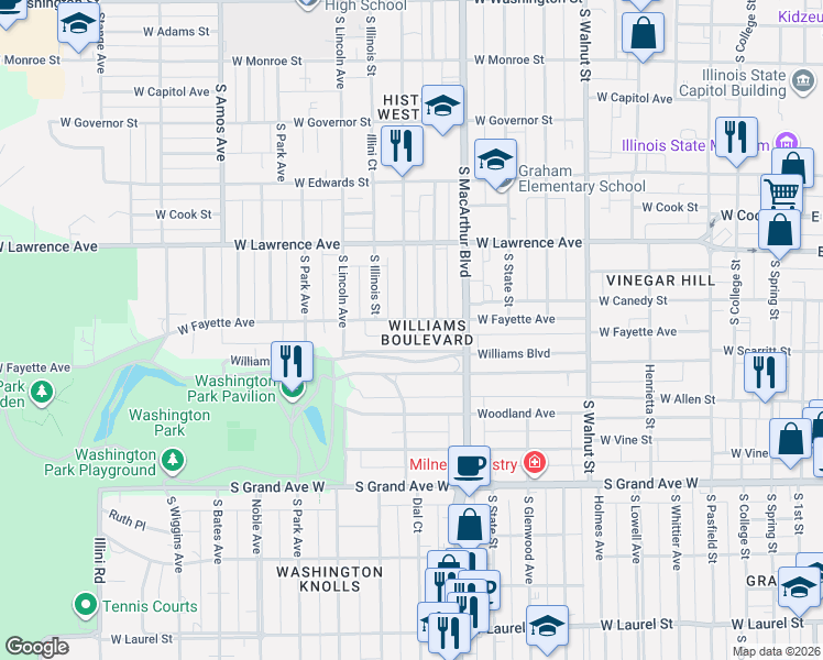 map of restaurants, bars, coffee shops, grocery stores, and more near 1069-1099 West Fayette Avenue in Springfield