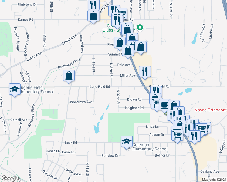 map of restaurants, bars, coffee shops, grocery stores, and more near 3200 Gene Field Road in Saint Joseph