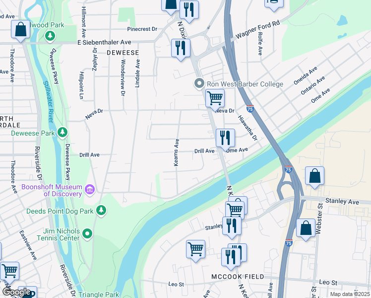 map of restaurants, bars, coffee shops, grocery stores, and more near 2019 Drill Avenue in Dayton