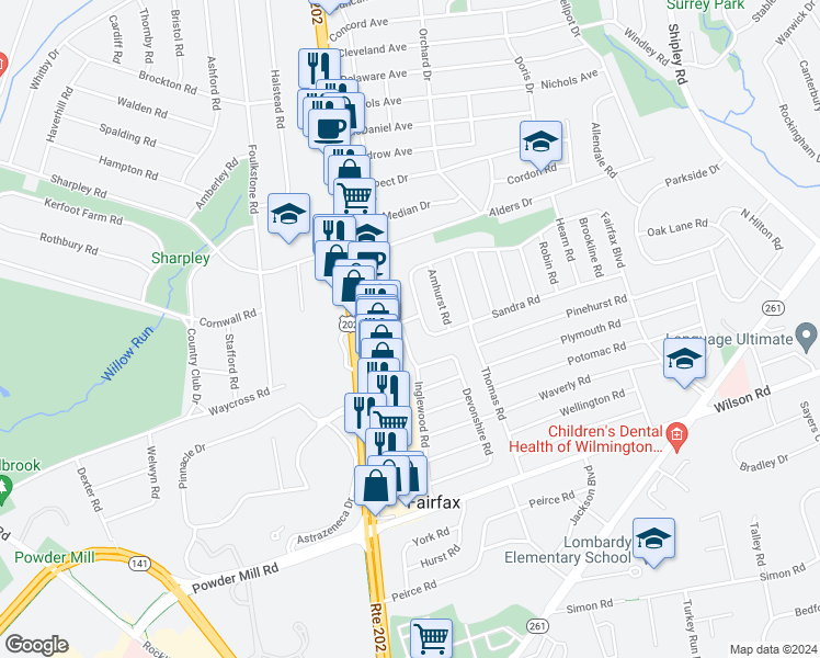 map of restaurants, bars, coffee shops, grocery stores, and more near 2207 Inglewood Road in Wilmington