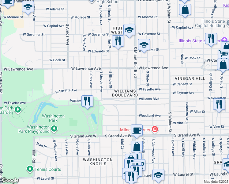 map of restaurants, bars, coffee shops, grocery stores, and more near 1108 West Fayette Avenue in Springfield