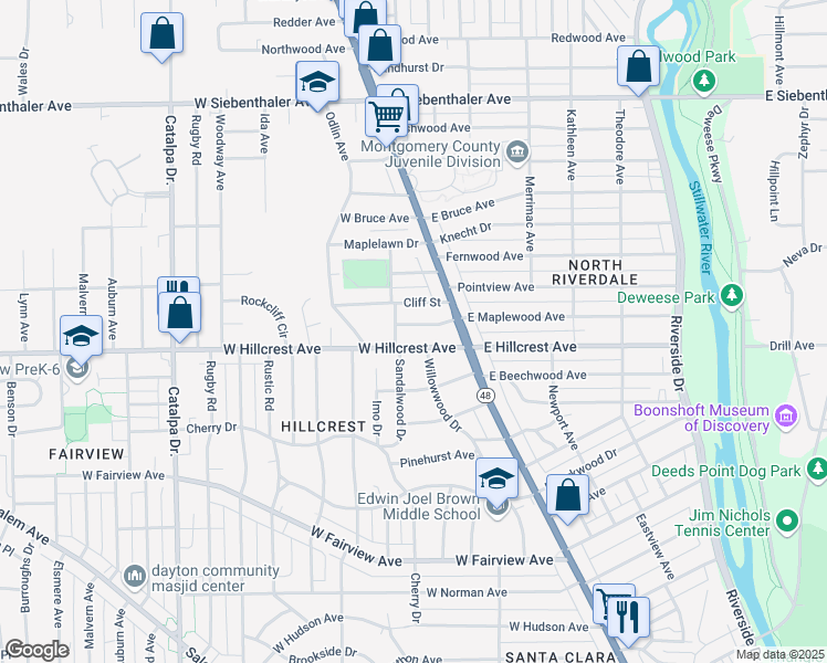 map of restaurants, bars, coffee shops, grocery stores, and more near 50 West Maplewood Avenue in Dayton