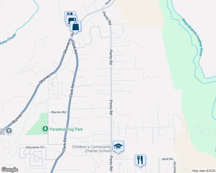 map of restaurants, bars, coffee shops, grocery stores, and more near 7084 Pentz Road in Paradise