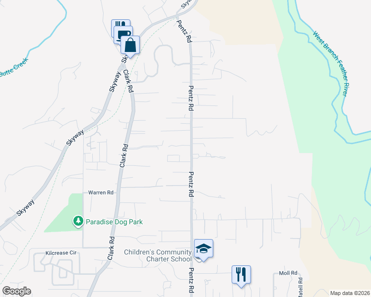 map of restaurants, bars, coffee shops, grocery stores, and more near 7075 Pentz Road in Paradise