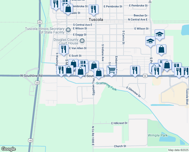 map of restaurants, bars, coffee shops, grocery stores, and more near 901 Egyptian Trail in Tuscola