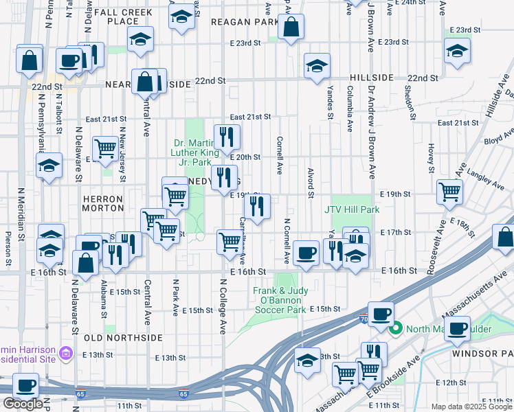 map of restaurants, bars, coffee shops, grocery stores, and more near 1831 Bellefontaine Street in Indianapolis