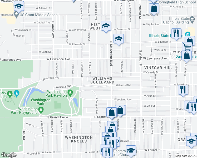 map of restaurants, bars, coffee shops, grocery stores, and more near 1050 West Fayette Avenue in Springfield