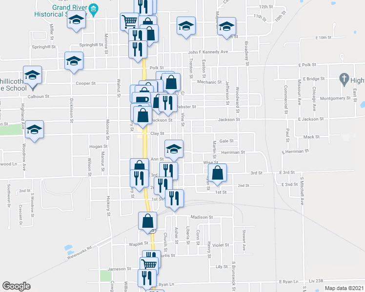 map of restaurants, bars, coffee shops, grocery stores, and more near 440 Vine Street in Chillicothe