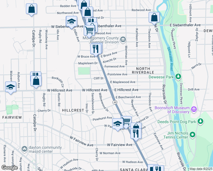 map of restaurants, bars, coffee shops, grocery stores, and more near 2921 North Main Street in Dayton