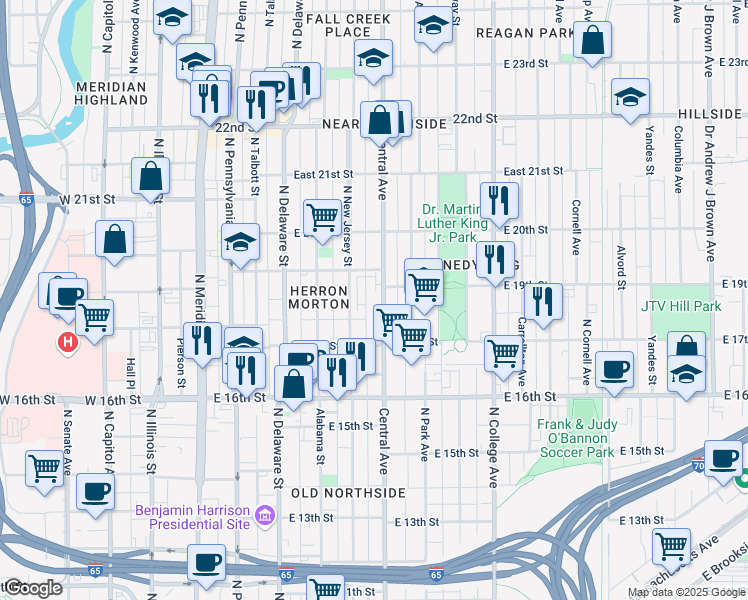 map of restaurants, bars, coffee shops, grocery stores, and more near 1836 Central Avenue in Indianapolis