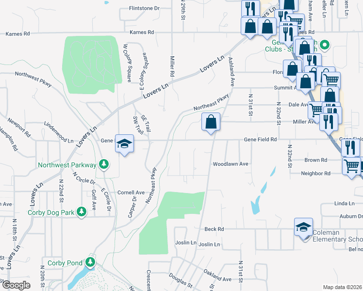 map of restaurants, bars, coffee shops, grocery stores, and more near 2720 Gene Field Road in Saint Joseph