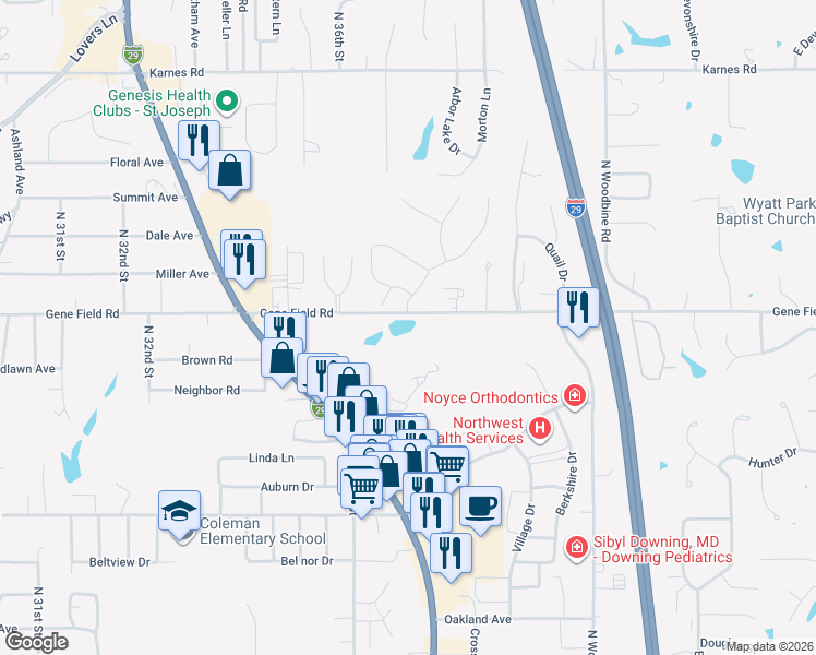 map of restaurants, bars, coffee shops, grocery stores, and more near 3621 Gene Field Road in Saint Joseph