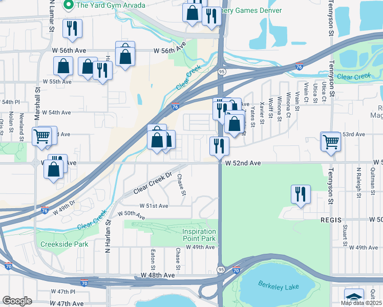 map of restaurants, bars, coffee shops, grocery stores, and more near 5441 West 52nd Avenue in Denver