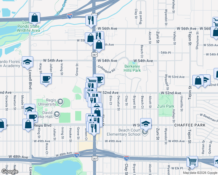 map of restaurants, bars, coffee shops, grocery stores, and more near 2835 West Parkside Place in Denver