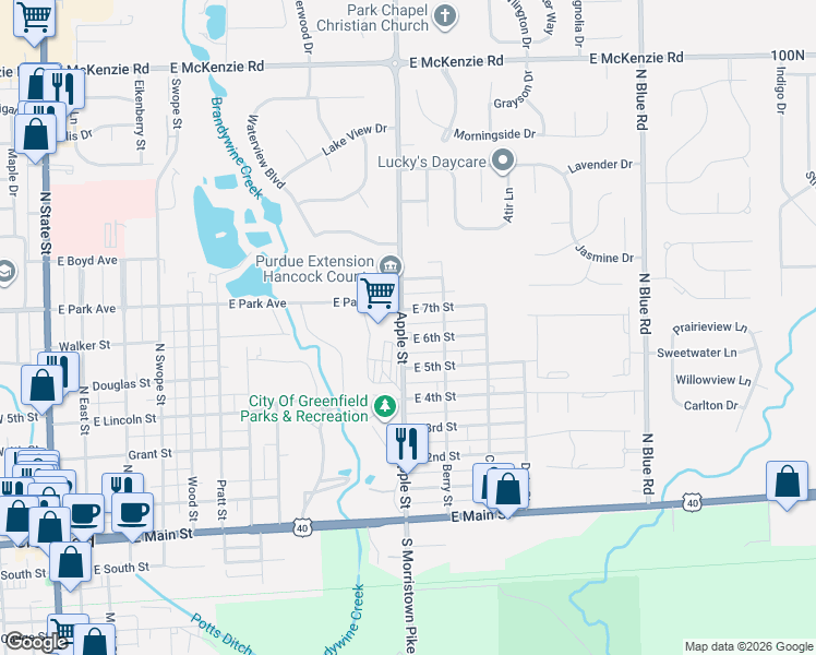 map of restaurants, bars, coffee shops, grocery stores, and more near 1017 East 7th Street in Greenfield