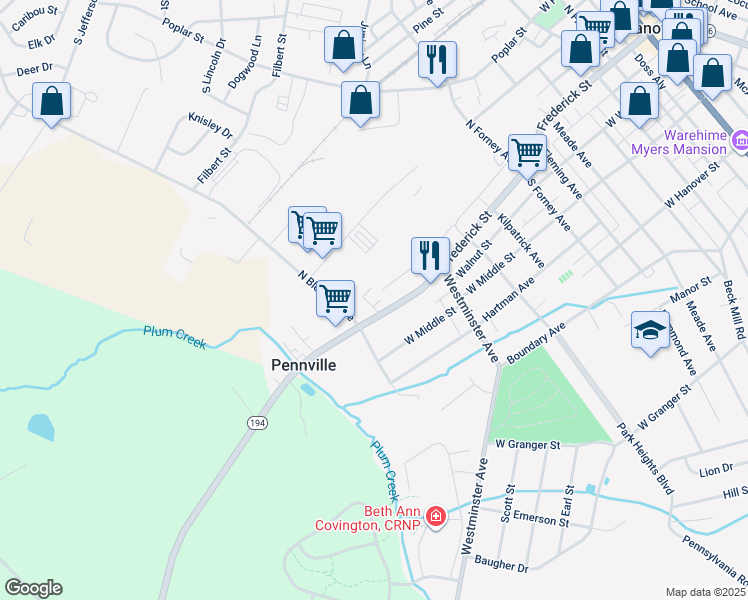 map of restaurants, bars, coffee shops, grocery stores, and more near 643 Frederick Street in Hanover