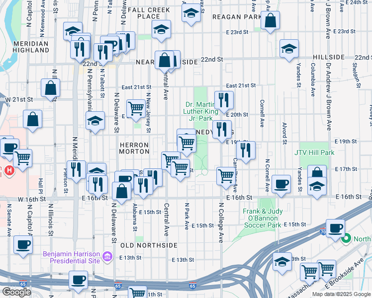 map of restaurants, bars, coffee shops, grocery stores, and more near 545 East 19th Street in Indianapolis