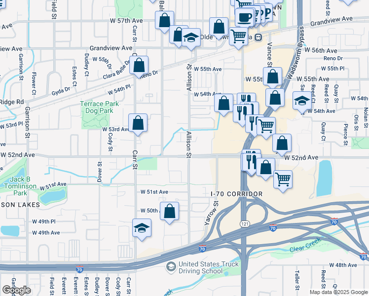 map of restaurants, bars, coffee shops, grocery stores, and more near 5215 Allison Street in Arvada