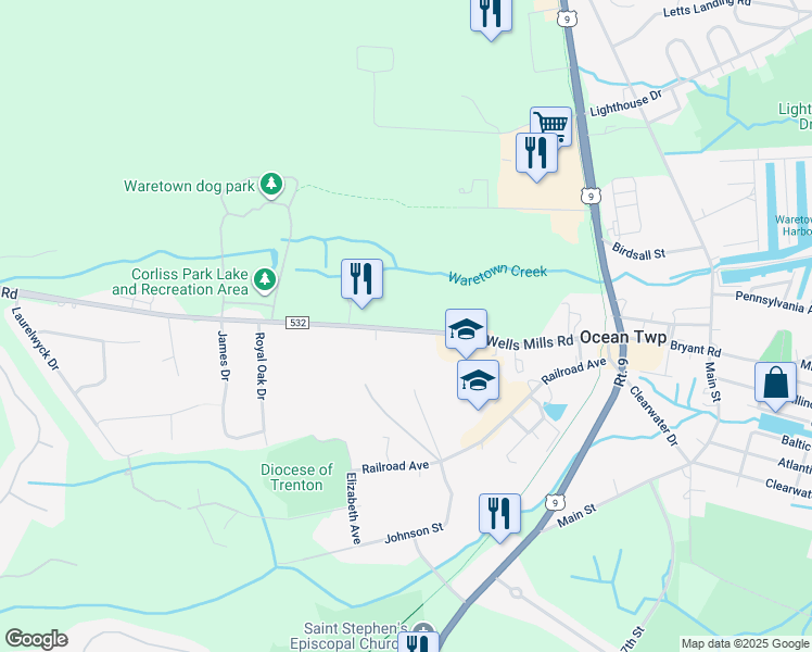 map of restaurants, bars, coffee shops, grocery stores, and more near 156 Wells Mills Road in Ocean Township