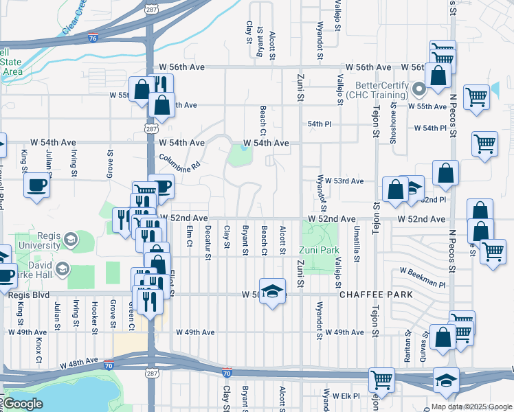map of restaurants, bars, coffee shops, grocery stores, and more near 5277 Columbine Lane in Denver