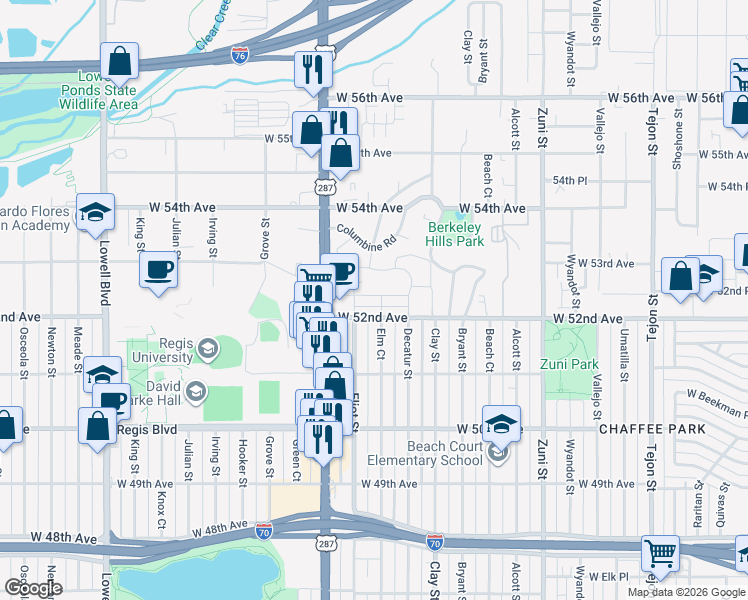 map of restaurants, bars, coffee shops, grocery stores, and more near 2835 West Parkside Place in Denver