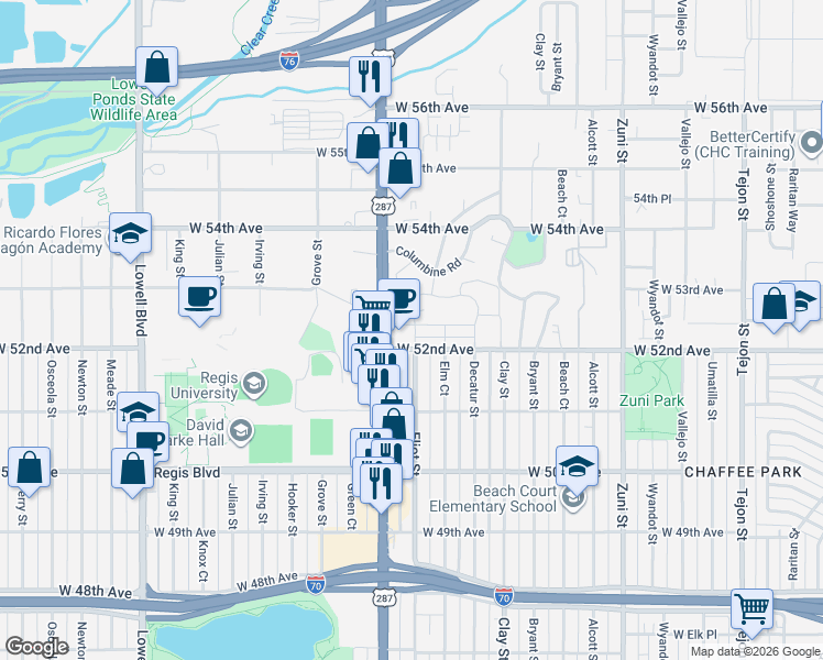 map of restaurants, bars, coffee shops, grocery stores, and more near 2889 West Parkside Place in Denver